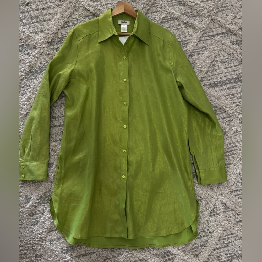 Neiman Marcus Exclusive Size L 100% Linen Green Shimmer Tunic Shirt NWOT - Picture 10 of 13